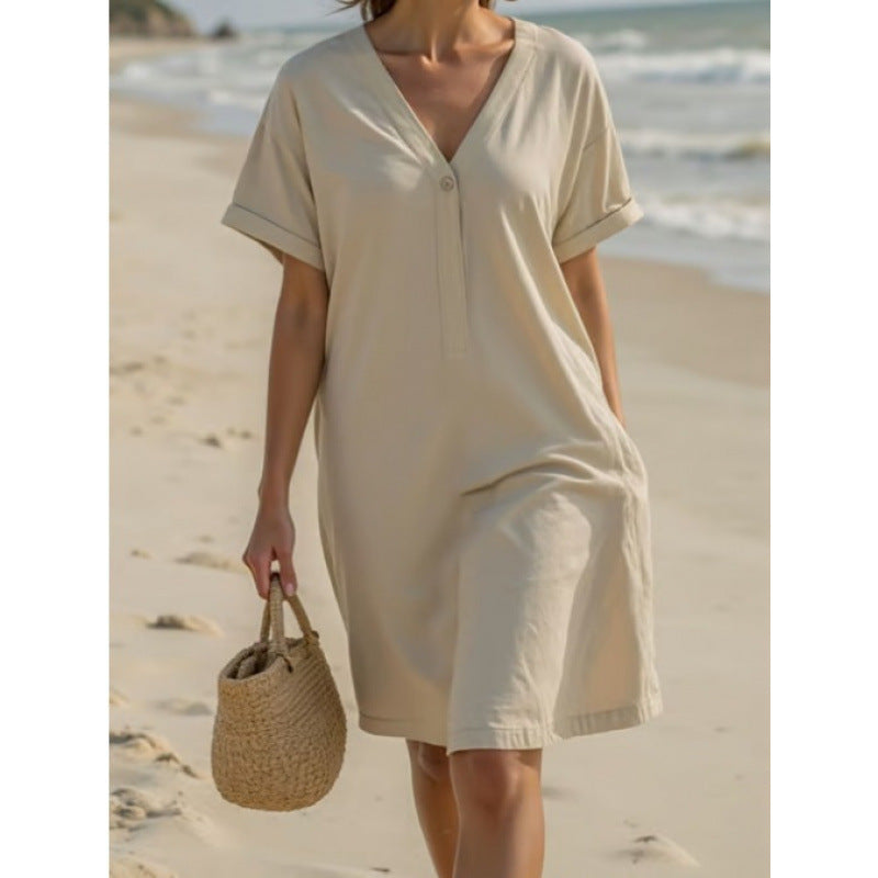 Damen Leichtes Sommerkleid mit umschlagenen Ärmeln und praktischer Knopfleiste Drune