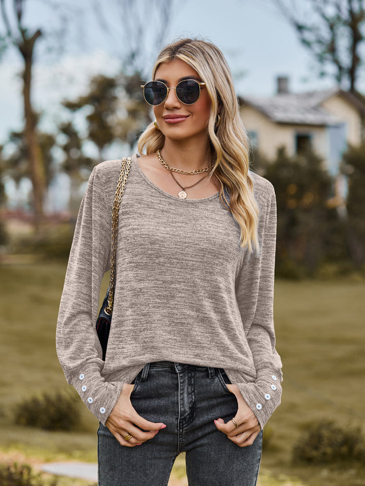 Damen Lässiges Langarmshirt mit Knopfmanschetten und weitem Rundhalsausschnitt Drune