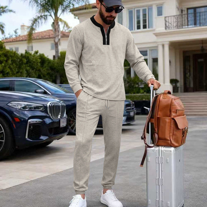 Herren Leichtes Henley-Loungewear-Set mit Kontrastkragen, Tunnelzug-Jogger und elastischen Bündchen Drune