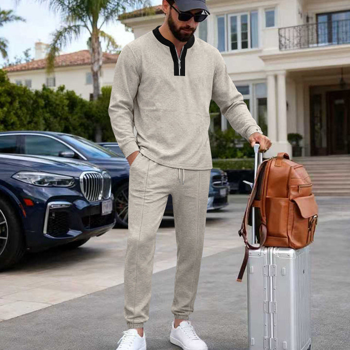Herren Leichtes Henley-Loungewear-Set mit Kontrastkragen, Tunnelzug-Jogger und elastischen Bündchen Drune