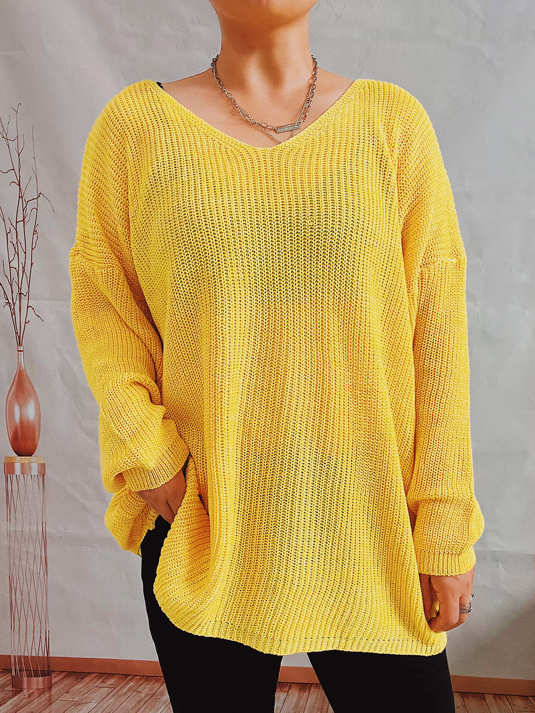 Damen lässiger Strickpullover mit modernem V-Ausschnitt Drune