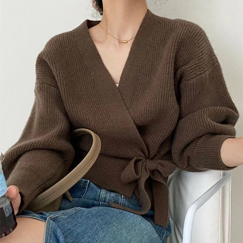 Damen Wickeljacke mit breiten Ärmeln und Taillenknoten Drune