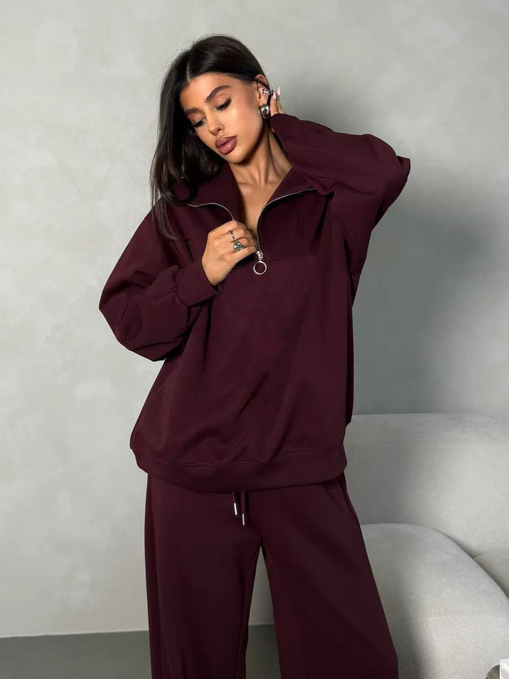 Damen lässiges Sweatset mit halbhohem Reißverschluss Kragen und weitem Jogger Drune