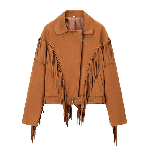 Damen nan taillierte Fransenjacke im Wildlederlook mit Gürtel und asymmetrischem Reißverschluss Drune