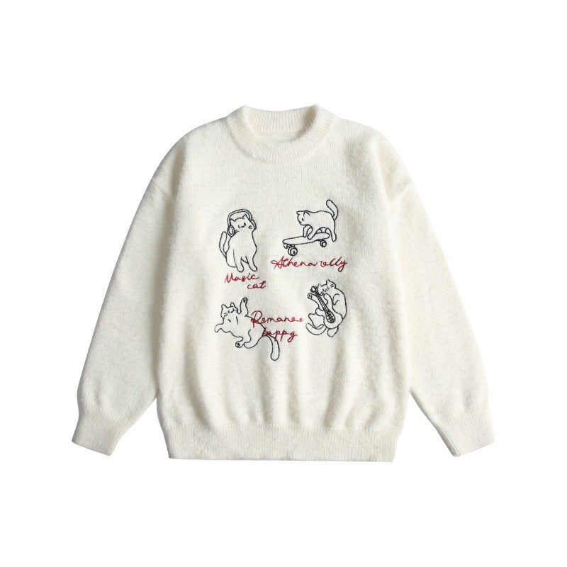 Damen Weicher Pullover mit verspielter Katzenstickerei und leichtem Stehkragen Drune