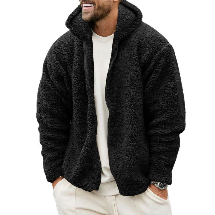 Herren nan Teddy-Fleece Zip-Jacke mit Kapuze, verdecktem Zwei-Wege-Reißverschluss und Ärmeltasche Drune