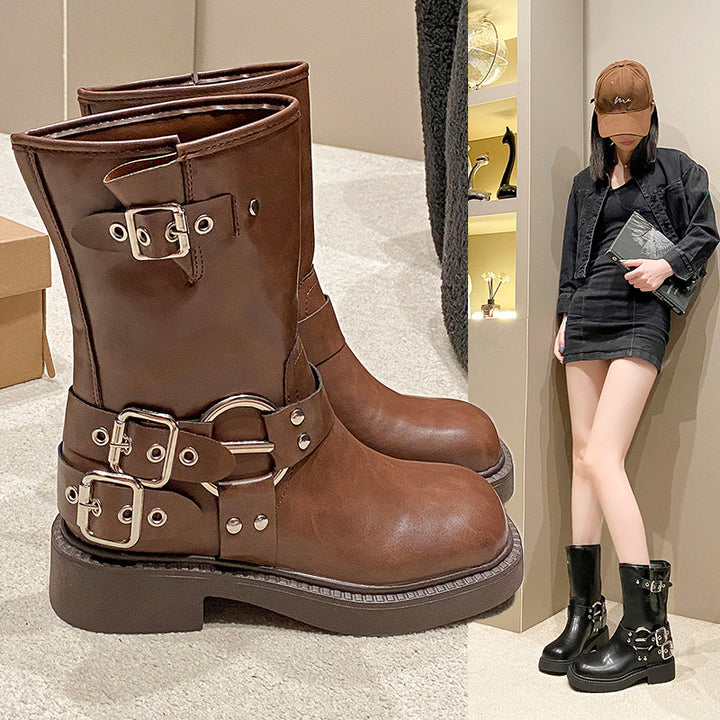 Damen Stiefel mit modischen Schnallen und rutschfester Sohle Drune