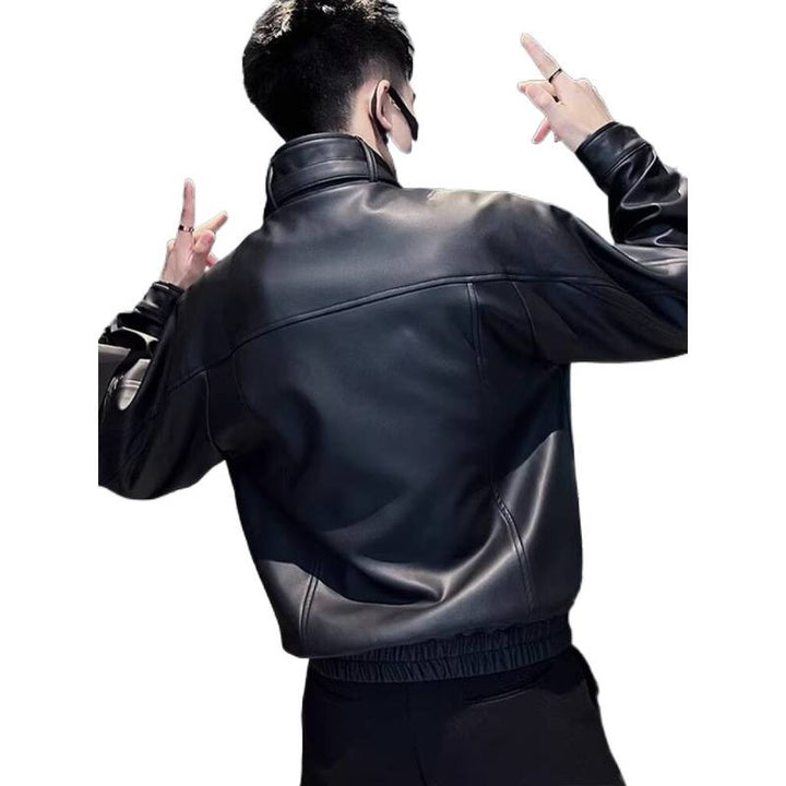 Herren Biker-inspirierte Kunstleder-Bomberjacke mit Stehkragen und elastischem Saum Drune
