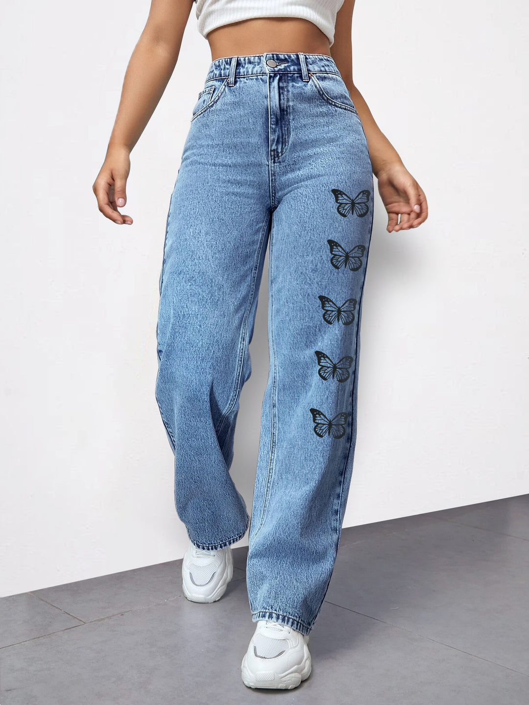 Damen High‑Waist Loose‑Fit Denimhose mit seitlichem Schmetterlingsprint Drune