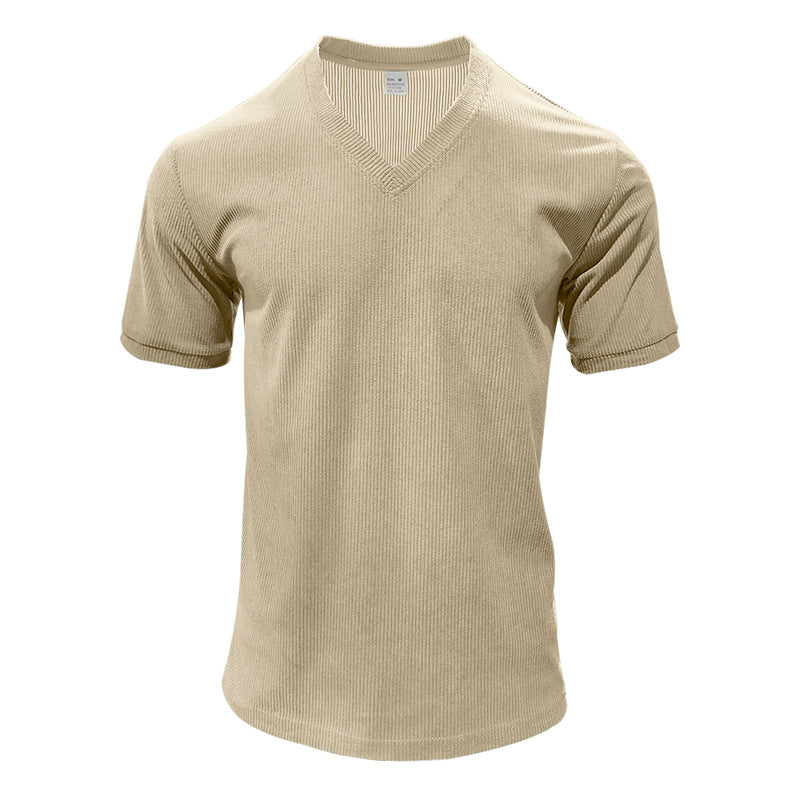 Herren nan strukturiertes V-Ausschnitt-Rippjersey-Shirt mit kurzem Arm und körpernaher Passform Drune