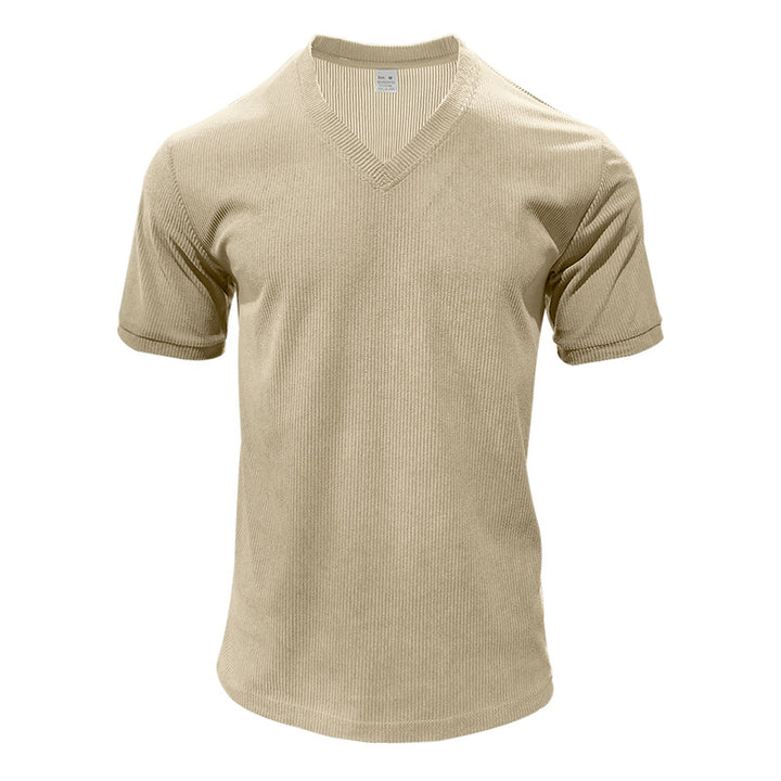 Herren nan strukturiertes V-Ausschnitt-Rippjersey-Shirt mit kurzem Arm und körpernaher Passform Drune