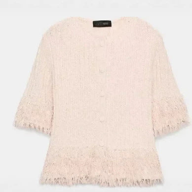 Damen Kurzarm Bouclé‑Cardigan mit Strukturstrick, Fransenbesatz und bezogenen Knöpfen Drune