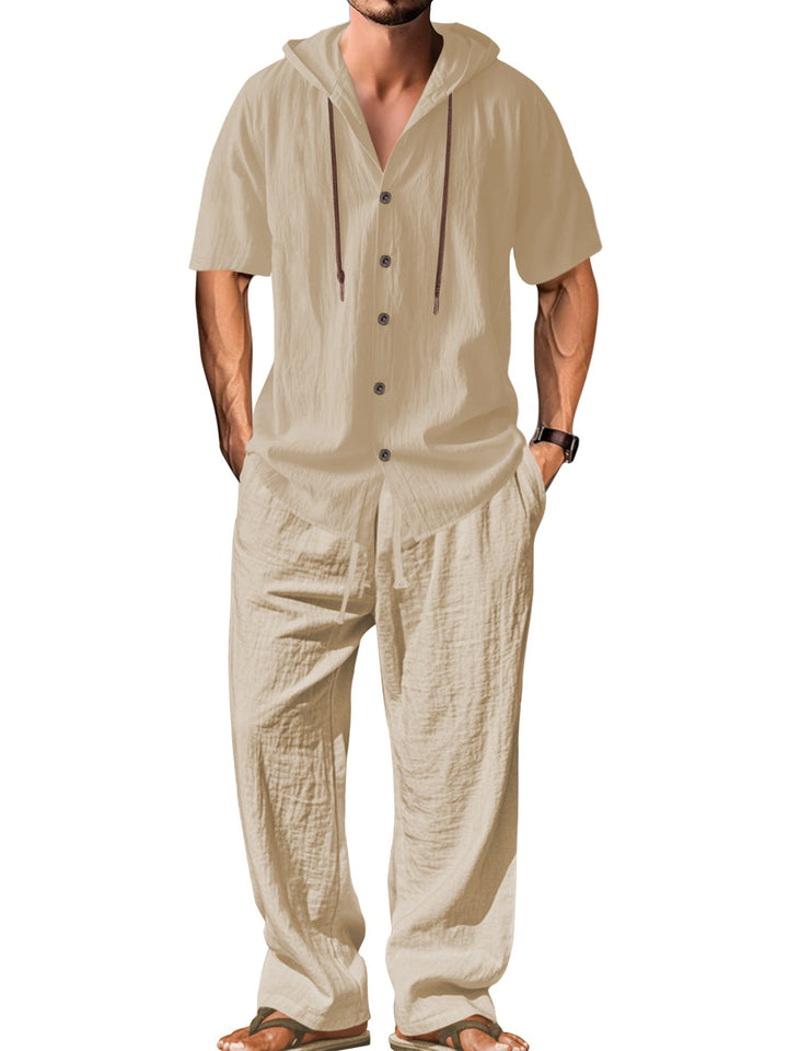Herren nan luftiges Leinen-Lounge-Set mit kurzärmeligem Kapuzenhemd und gerader Relaxhose Drune