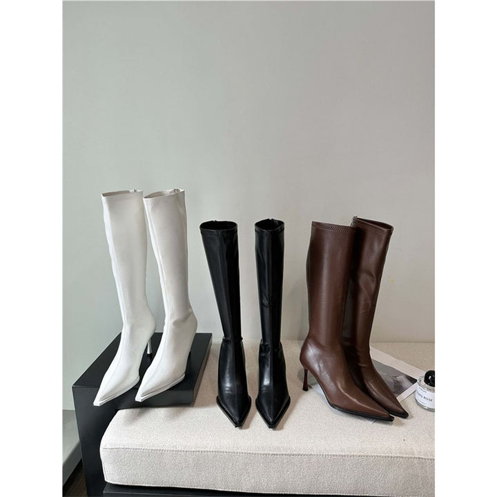 Damen kniehohe spitz zulaufende Stiefel mit sculpted Stiletto-Absatz und Rückseitenreißverschluss Drune