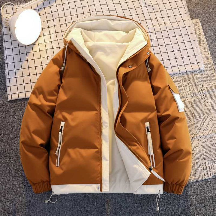 Herren  isolierte Kapuzen-Puff-Jacke in zwei Farben mit Reißverschluss-Utility-Taschen und verstellbarem Kordelsaum Drune
