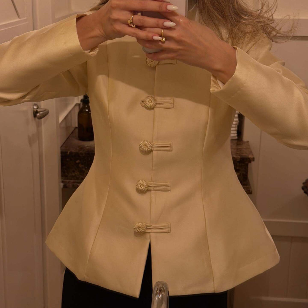 Damen Taillierter Satinblazer mit Stehkragen, Zierkordel‑Knöpfen und Schößchen Drune