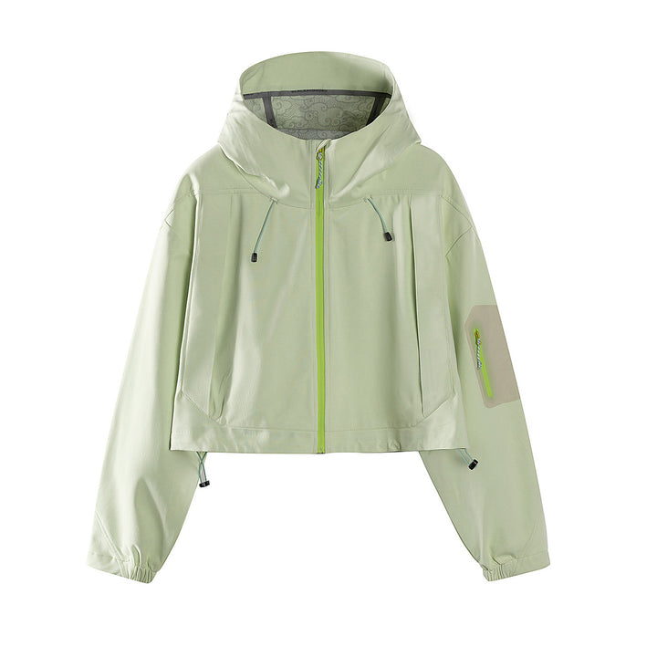 Damen Kurze wasserdichte Kapuzenjacke mit verstellbarem Saum und Ärmeltasche Drune