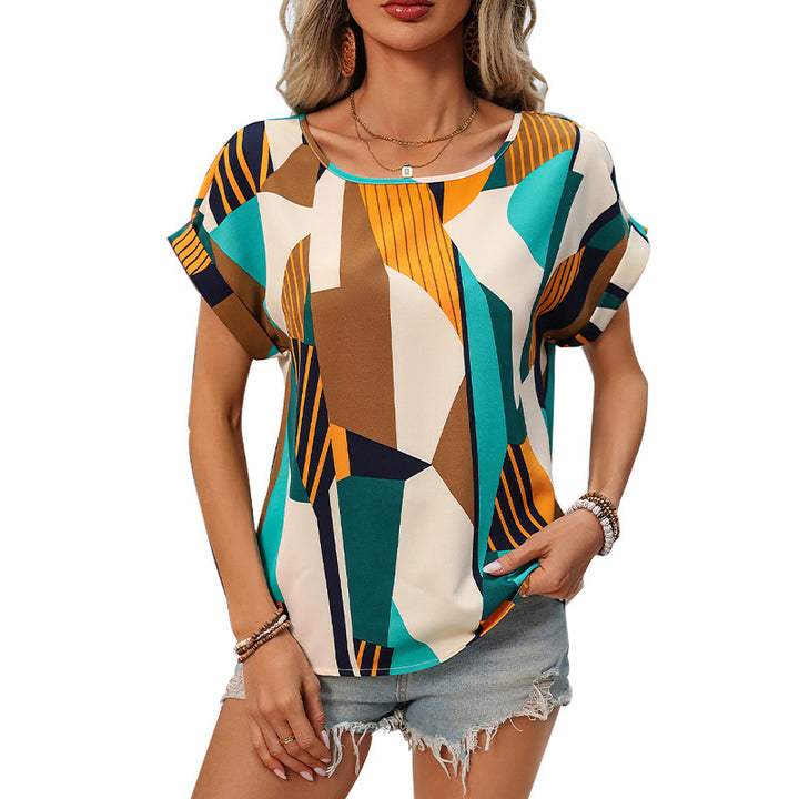 Damen stilvolles Kurzarm-Top mit modernem geometrischen Muster Drune