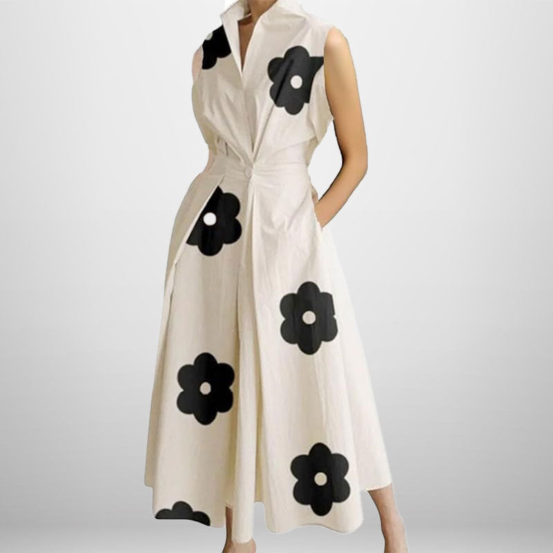 Damen Gepunktetes Maxikleid mit Stehkragen, Volantärmeln und Bindegürtel Drune