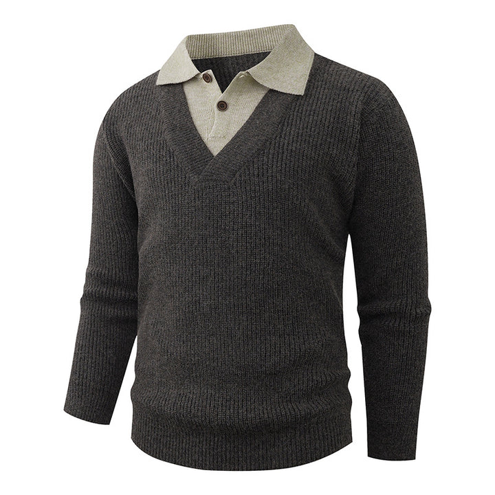 Herren Feinstrickpullover mit eingearbeitetem Polokragen und tiefem V-Ausschnitt Drune