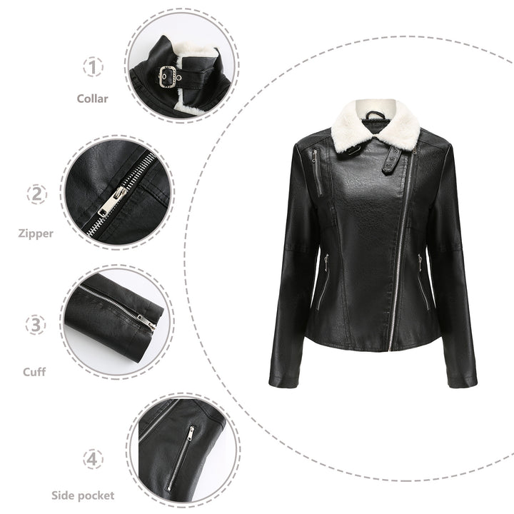 Damen nan taillierte Kunstleder-Bikerjacke mit abnehmbarem Kunstfellkragen und schrägem Reißverschluss Drune