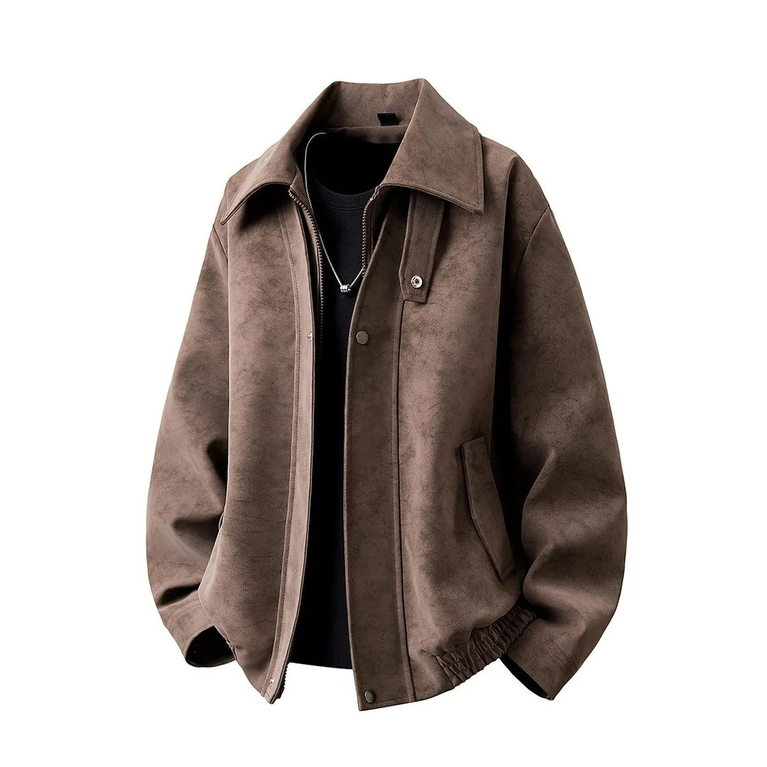 Herren Boxy-Übergangsjacke mit Velours‑Optik, verdecktem Reißverschluss & variablem Kragen Drune