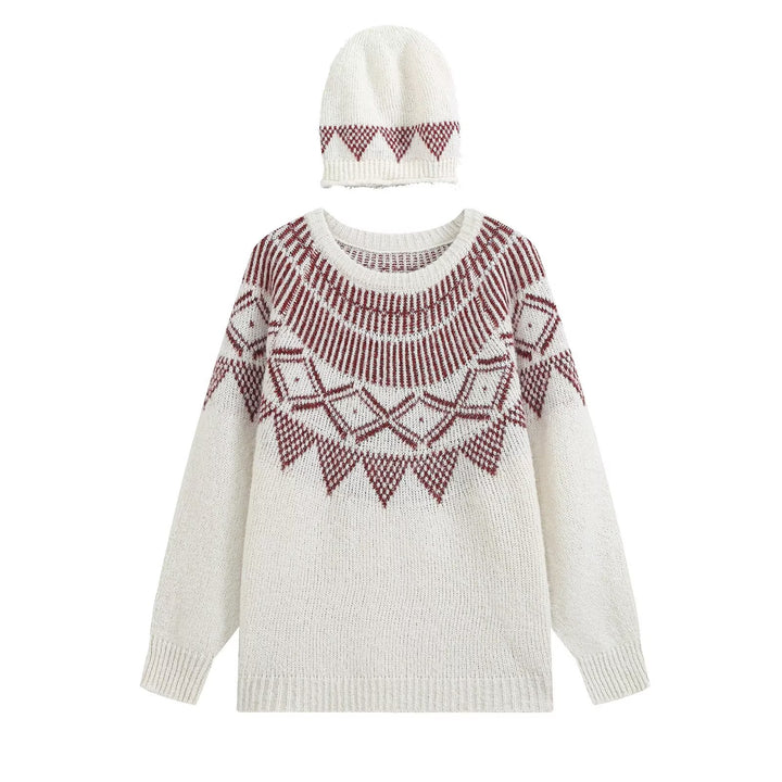 Damen Oversized Norweger-Strickpullover mit Rundhalsausschnitt und passender Mütze Drune