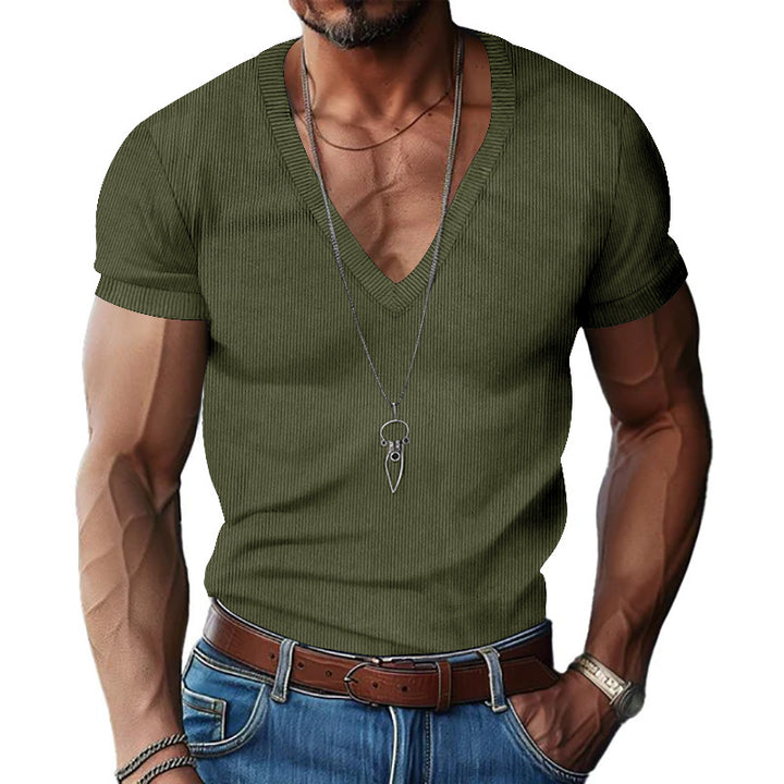 Herren nan strukturiertes V-Ausschnitt-Rippjersey-Shirt mit kurzem Arm und körpernaher Passform Drune