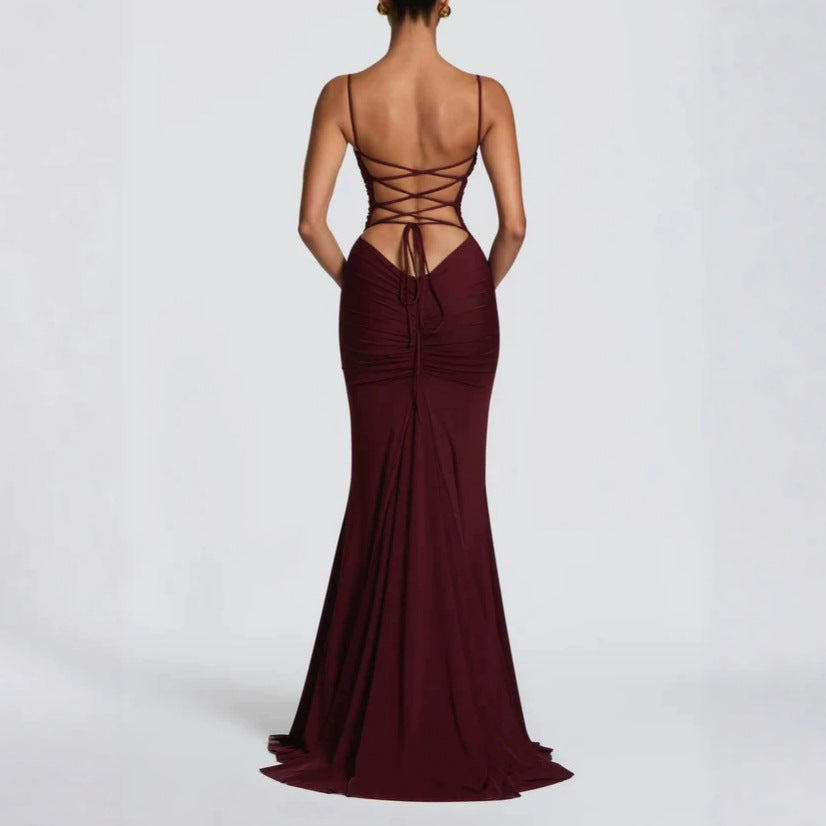 Damen Elegantes Tailliertes Maxikleid mit Raffungen Drune