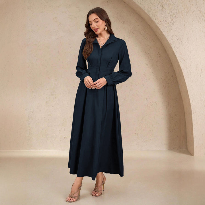 Damen nan langes Hemdblusenkleid mit Taillengürtel, verdeckter Knopfleiste und ballonärmeln Drune