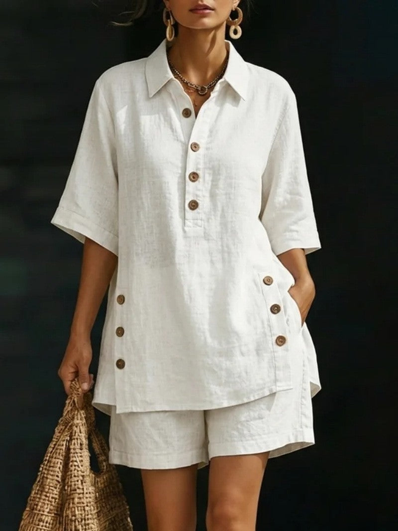 Damen nan luftiges Leinenoptik-Zweiteiler mit Oversize-Hemdbluse, Knopfleiste und Bermuda-Shorts Drune