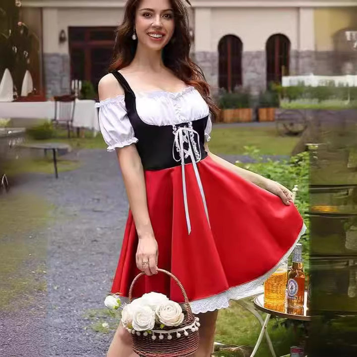 Damen nan schulterfreies Dirndlkleid mit geschnürter Korsage, Puffärmeln und Spitzenunterrock Drune