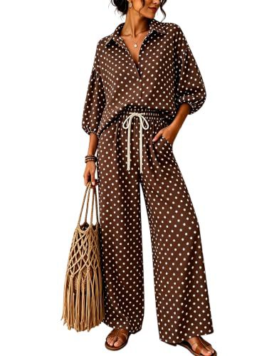 Damen Gepunktetes Zweiteiliges Lounge-Set mit Hemdblusen-Oberteil und Kordelzug-Weitbundhose Drune