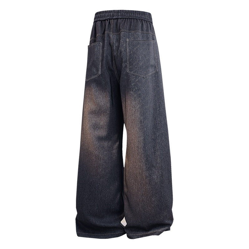 Damen Weite Denim-Hose mit elastischem Bund, Tunnelzug und vertikalen Ziernähten Drune
