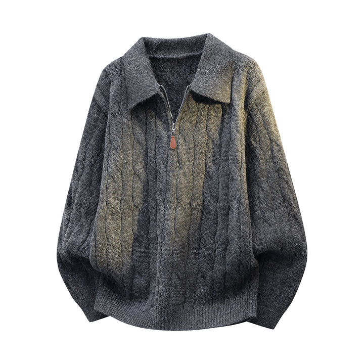 Unisex Oversize-Zopfmuster-Pullover mit Halbreißverschluss und Hemdkragen Drune