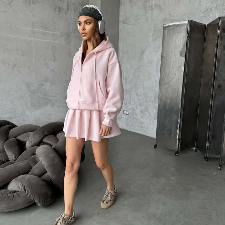 Damen Kurzzip-Kapuzenjacke mit plissiertem Minirock-Lounge-Set Drune