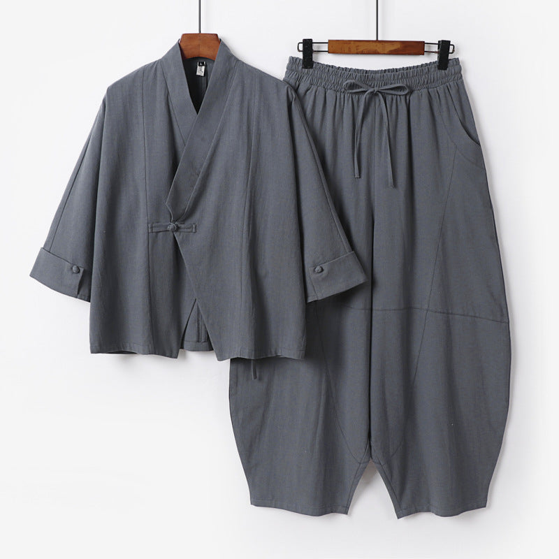 Herren Minimalistisches Kimono-Lounge-Set aus atmungsaktivem Baumwollmix mit ballonförmiger Bundhose Drune
