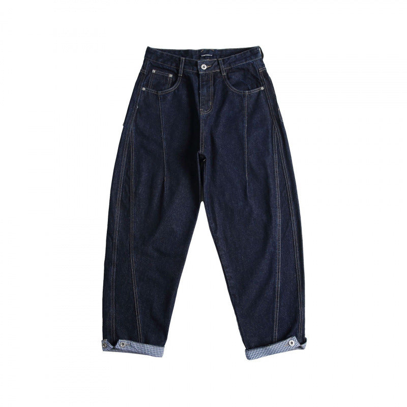 Damen Cropped Baggy-Jeans mit hoher Taille, Bundfalten und Krempelbund Drune