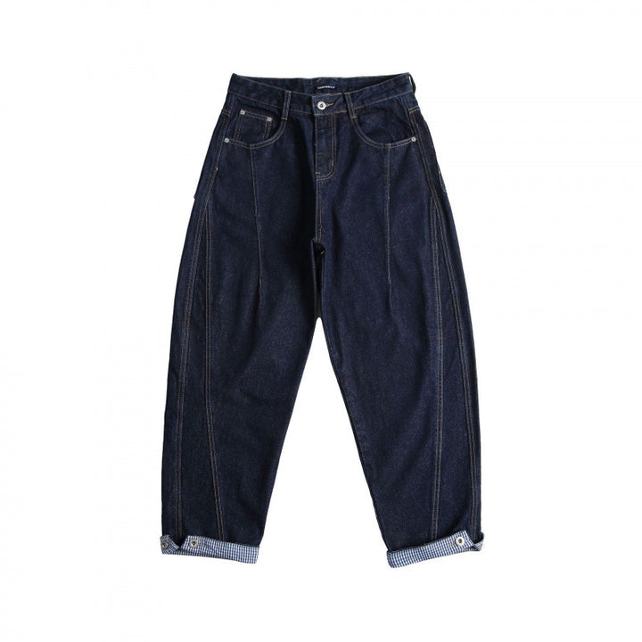 Damen Cropped Baggy-Jeans mit hoher Taille, Bundfalten und Krempelbund Drune