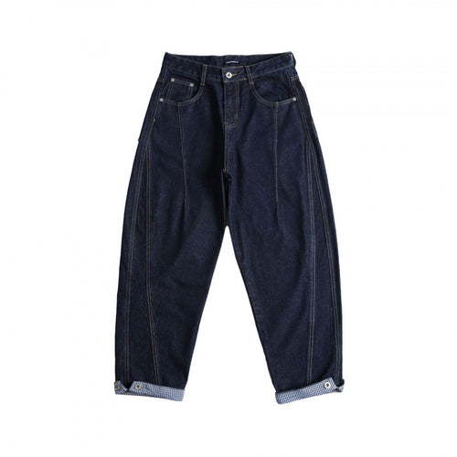 Damen Cropped Baggy-Jeans mit hoher Taille, Bundfalten und Krempelbund Drune