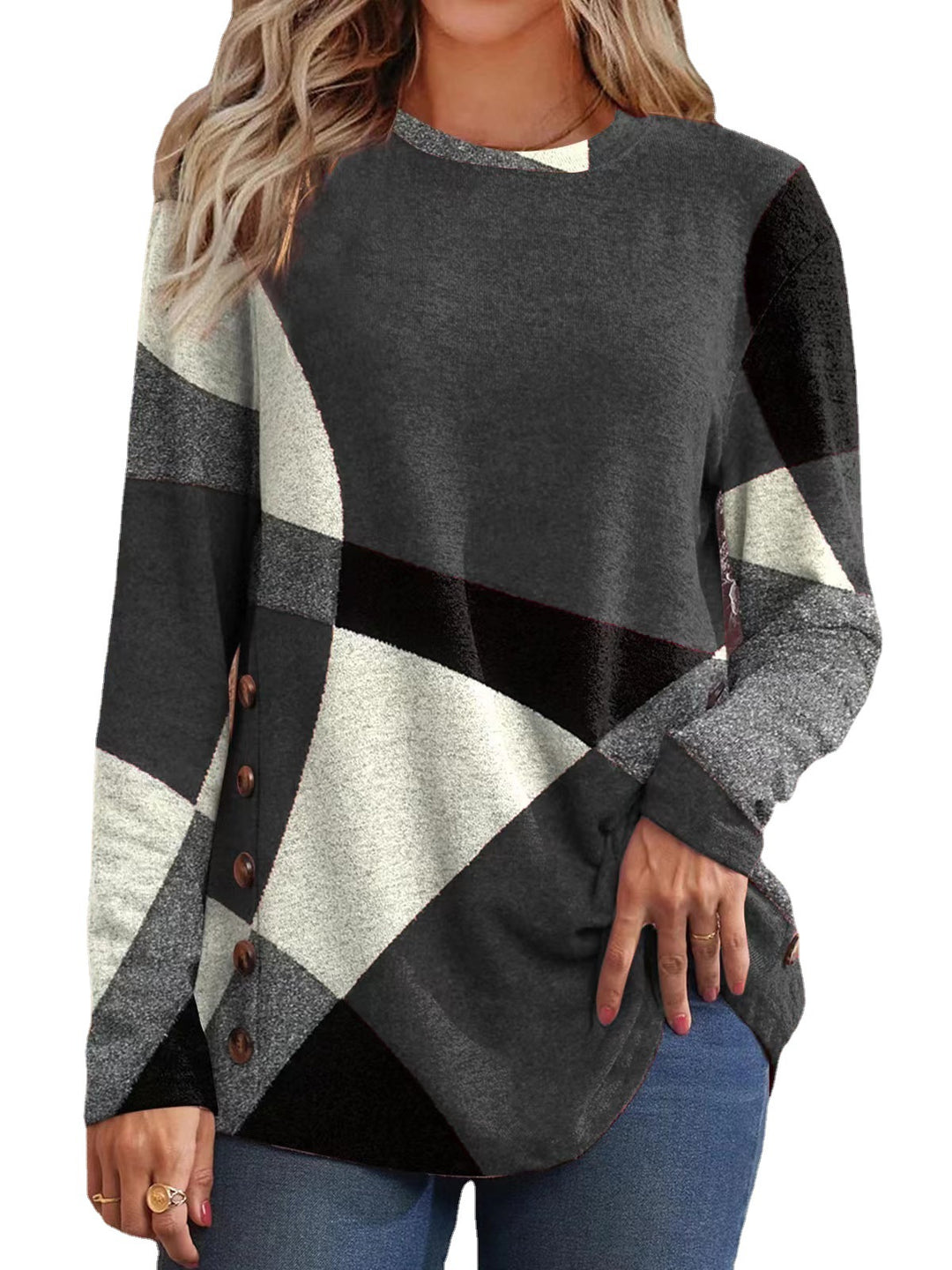 Damen Feinstrickpullover mit geometrischem Colorblock und Zierknöpfen Drune