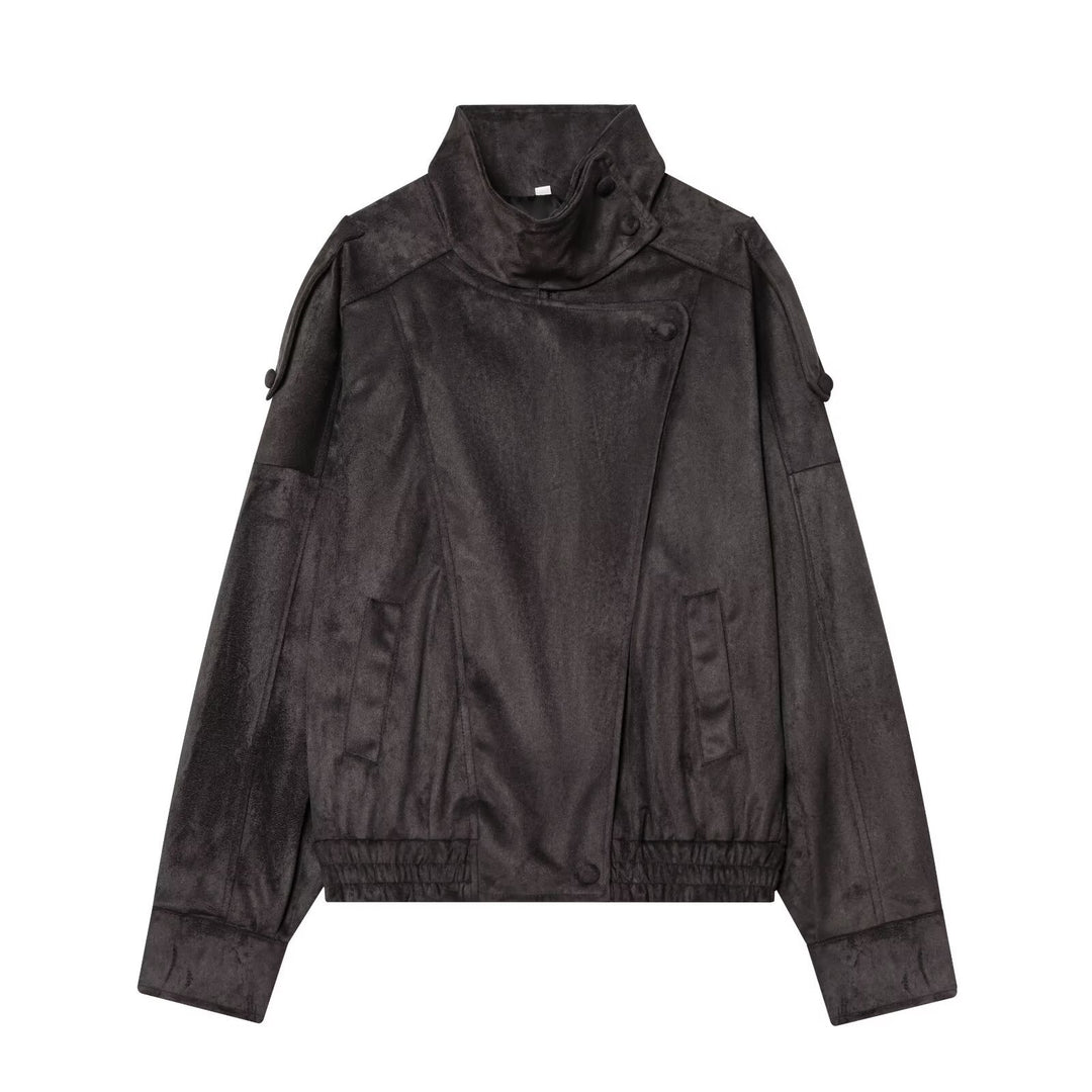 Damen Kurze Velours‑Optik Bomberjacke mit hohem Stehkragen und asymmetrischer Knopfleiste Drune