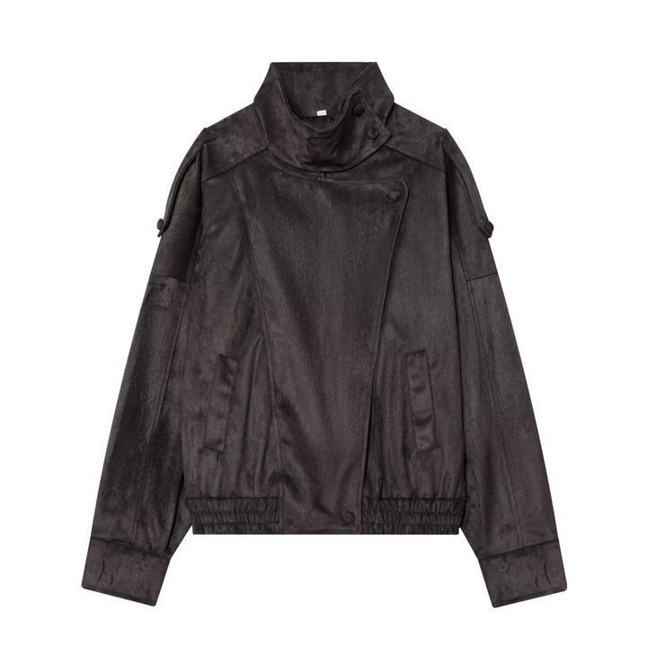 Damen Kurze Velours‑Optik Bomberjacke mit hohem Stehkragen und asymmetrischer Knopfleiste Drune