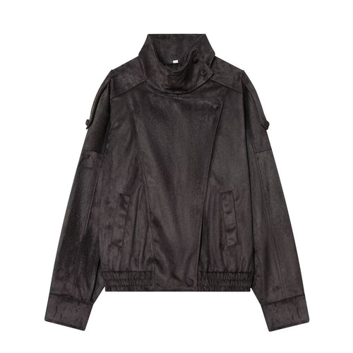 Damen Kurze Velours‑Optik Bomberjacke mit hohem Stehkragen und asymmetrischer Knopfleiste Drune