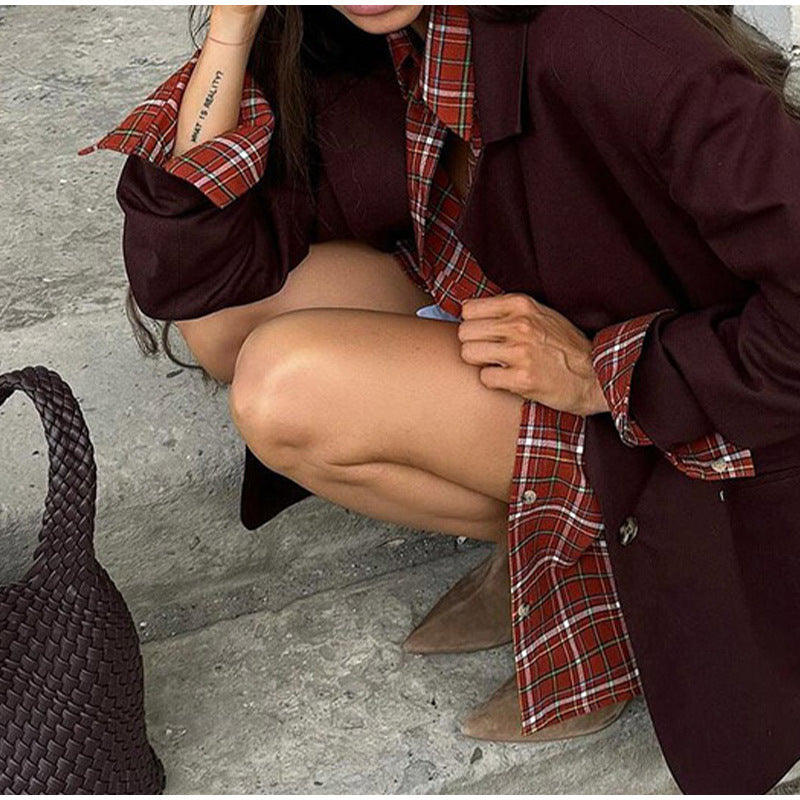 Damen modischer Oversized-Blazer mit checkermuster und lässigem Schnitt Drune