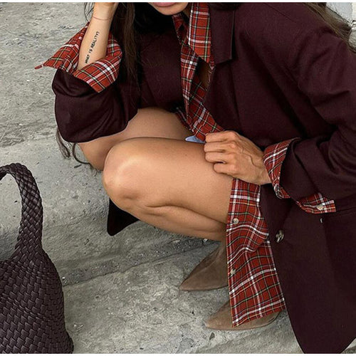 Damen modischer Oversized-Blazer mit checkermuster und lässigem Schnitt Drune