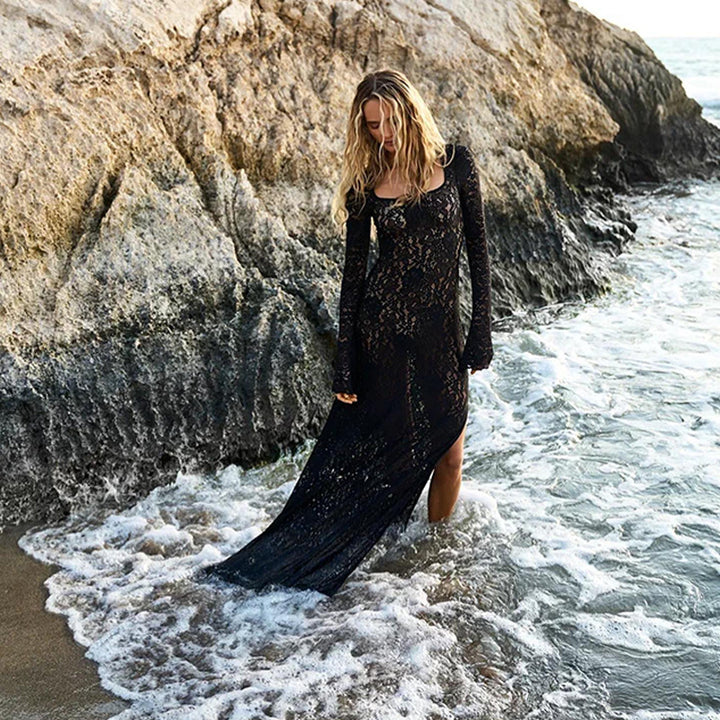 Damen Durchsichtige Spitze Maxi Überwurf Kleid Drune