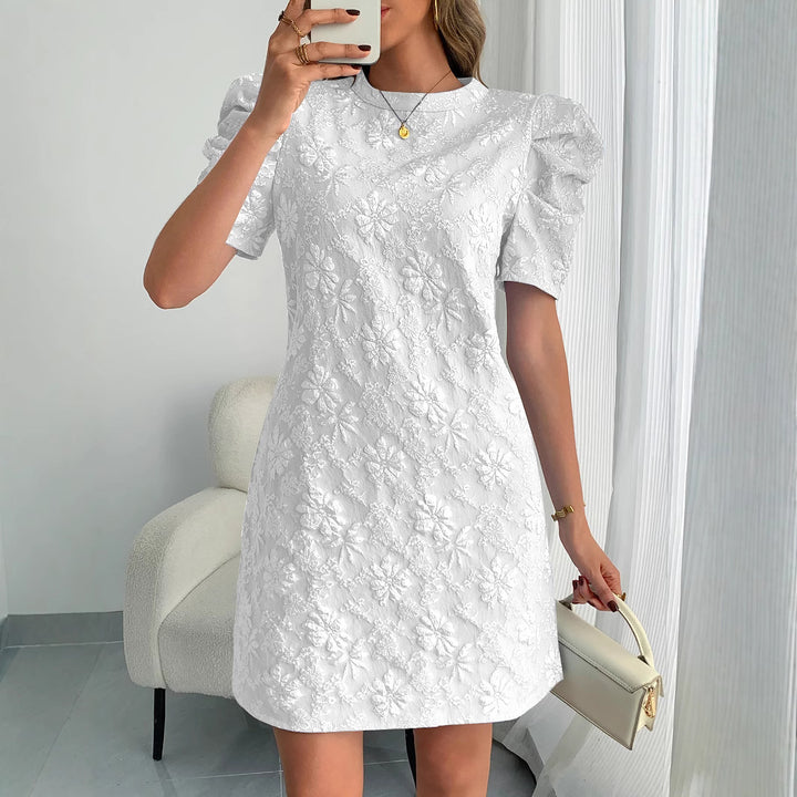 Damen nan florales Jacquard-Minikleid mit gestuften Puffärmeln Drune
