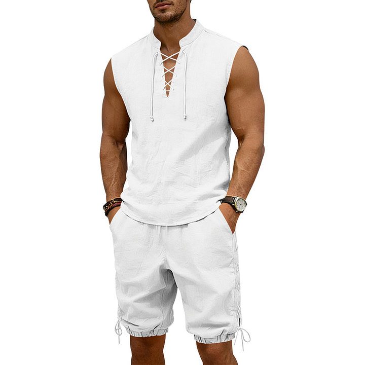 Herren nan ärmelloses Freizeit-Set mit Schnürkragen und Kordelzug-Bermuda Drune