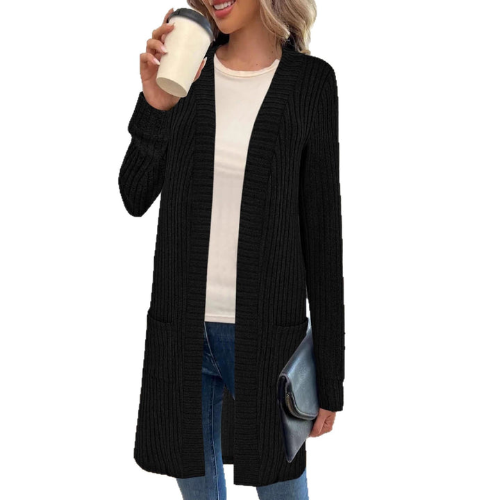Damen Langer Feinstrick-Cardigan mit Rippenstruktur, offenen Kanten und Eingrifftaschen Drune